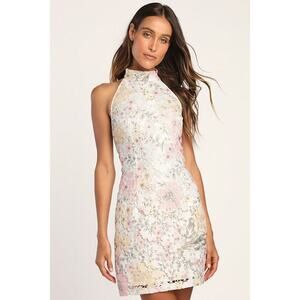 Lulus Flowery Flirt White Floral Crochet Lace Halter Mini Dress - Size M